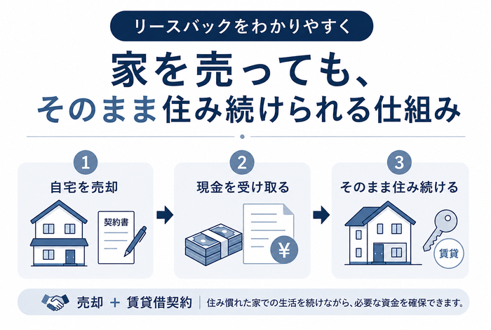 リースバックをわかりやすく解説した図。自宅を売却して現金を受け取り、賃貸借契約を結んでそのまま住み続ける仕組みを3ステップで紹介